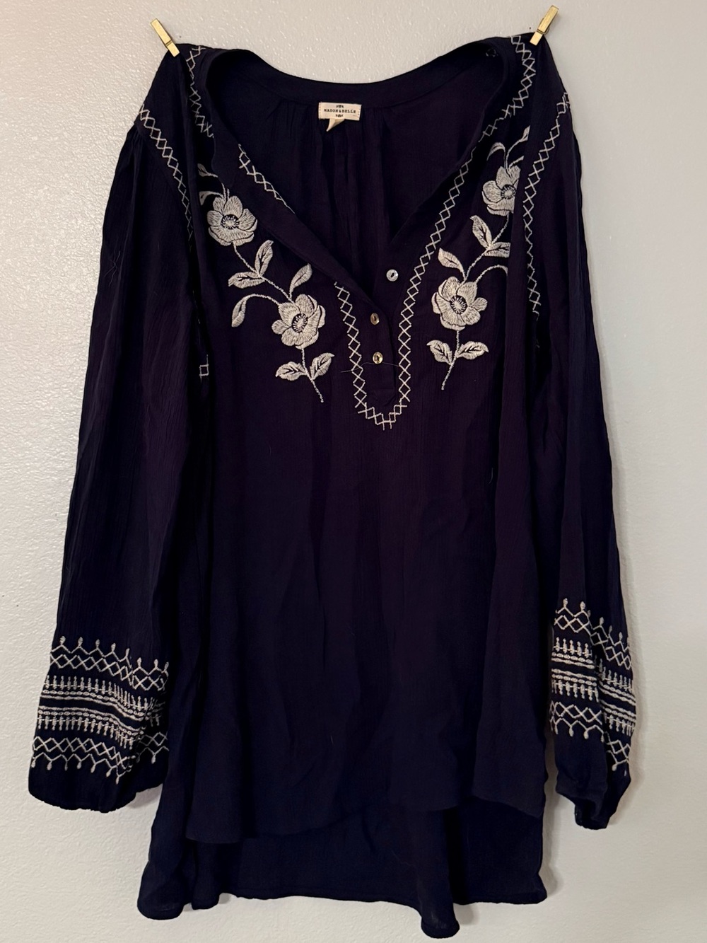 Mason & Belle Navy Blue Embroidered Boho Peasant Tunic Blouse L